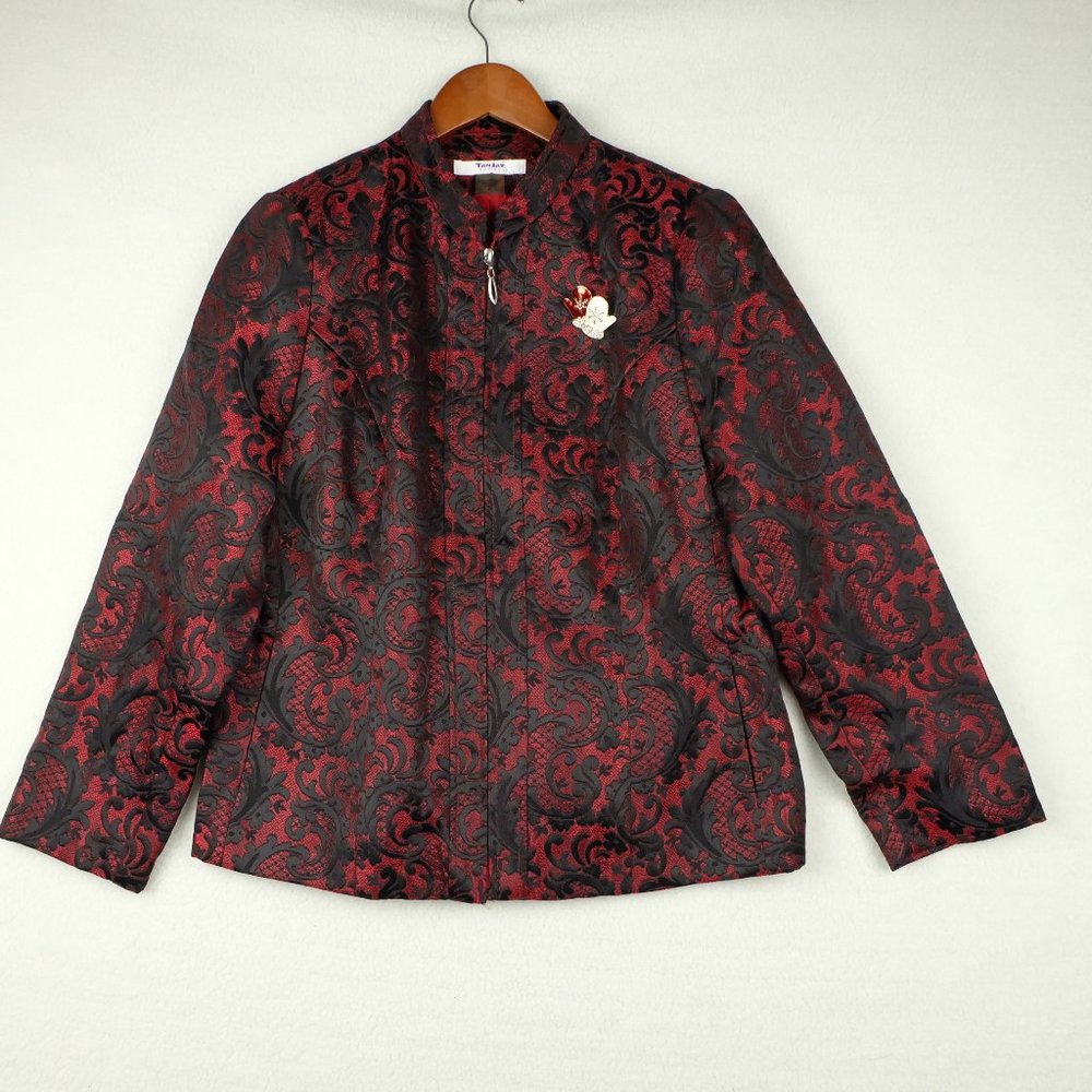 TanJay Womens Jacket 6P Petite Red Black Paisley Full Zip Lightweight Winter